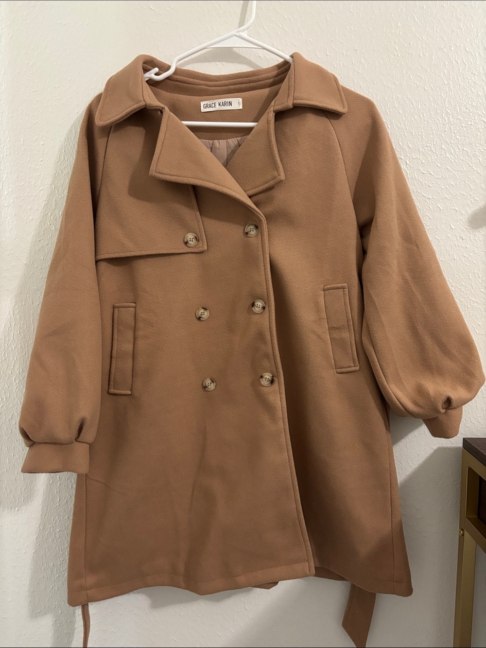 Grace Karin Camel Double-Breasted Trench Coat Size 12
